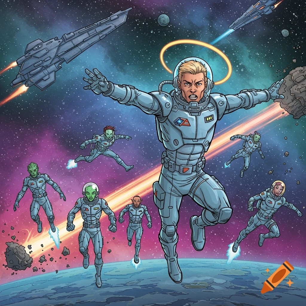 A comic-style illustration shows a blond astronaut with several aliens and spaceships flying through space above a planet.