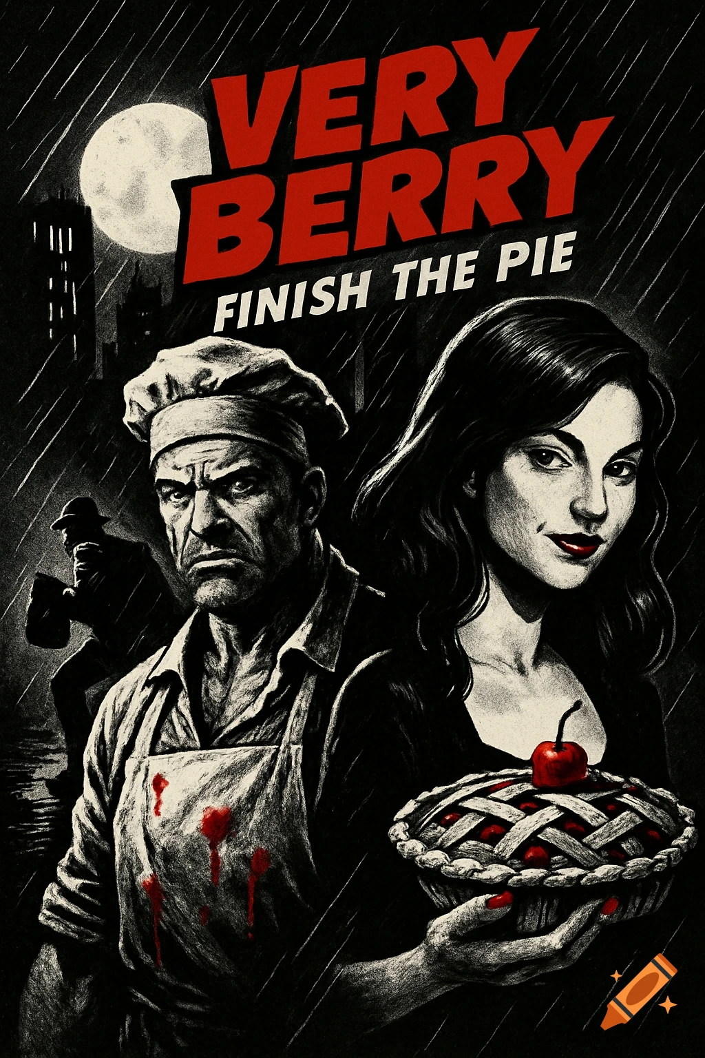 A Sin City-style movie poster for 'Very Berry: Finish the Pie', featuring a grim chef with blood on his apron and a woman holding a berry pie.