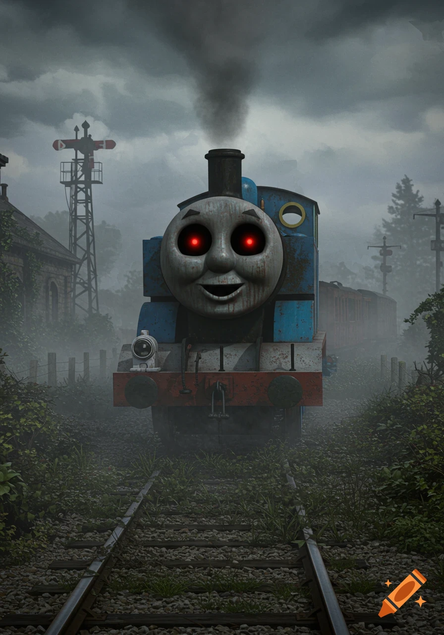 Creepy, abandoned Thomas the Tank Engine with glowing red eyes on overgrown tracks in a foggy, desolate landscape, dark aesthetic.