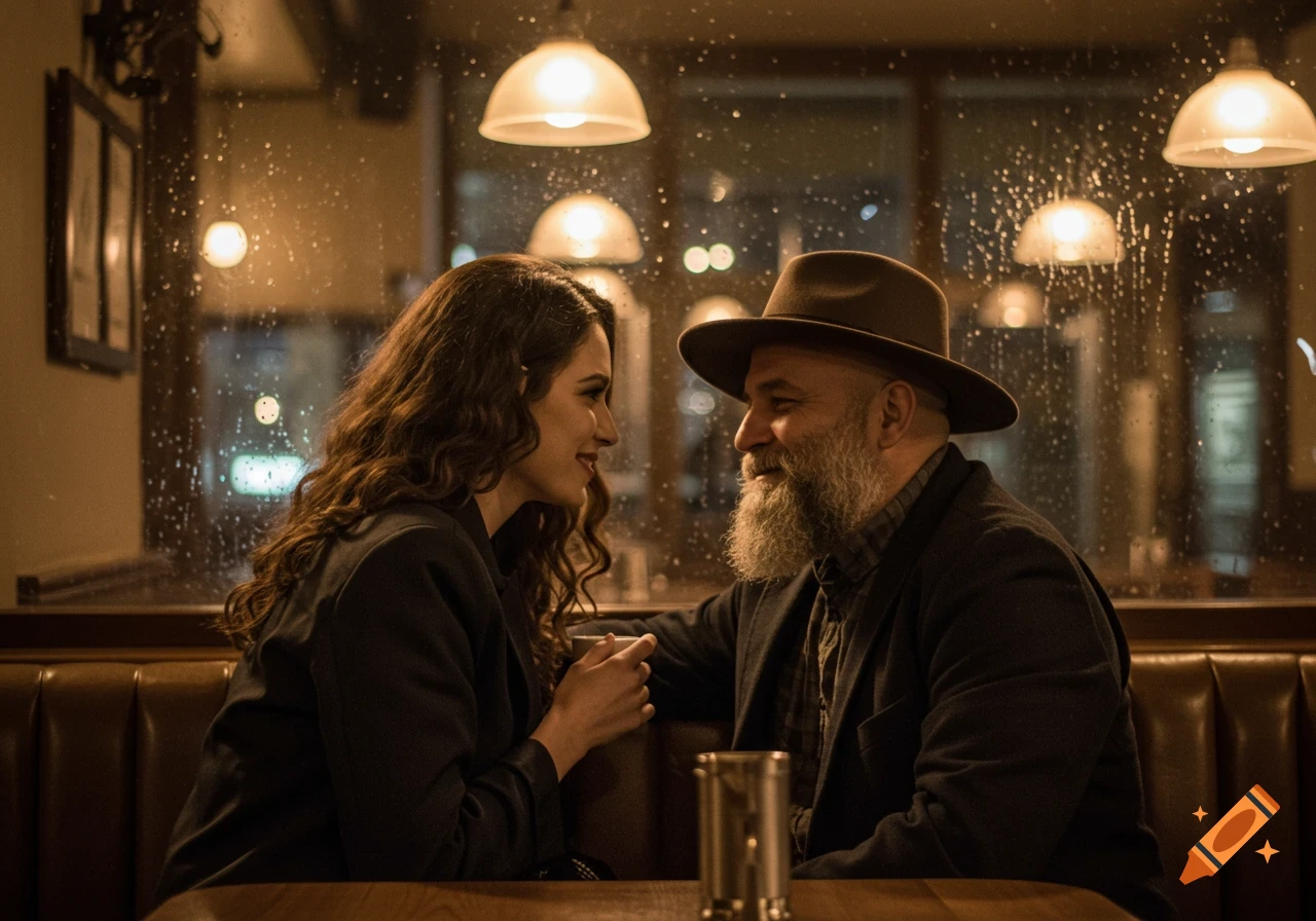 A brown-haired woman and a bearded man in a hat gaze at each other in a dimly lit restaurant booth on a rainy night.