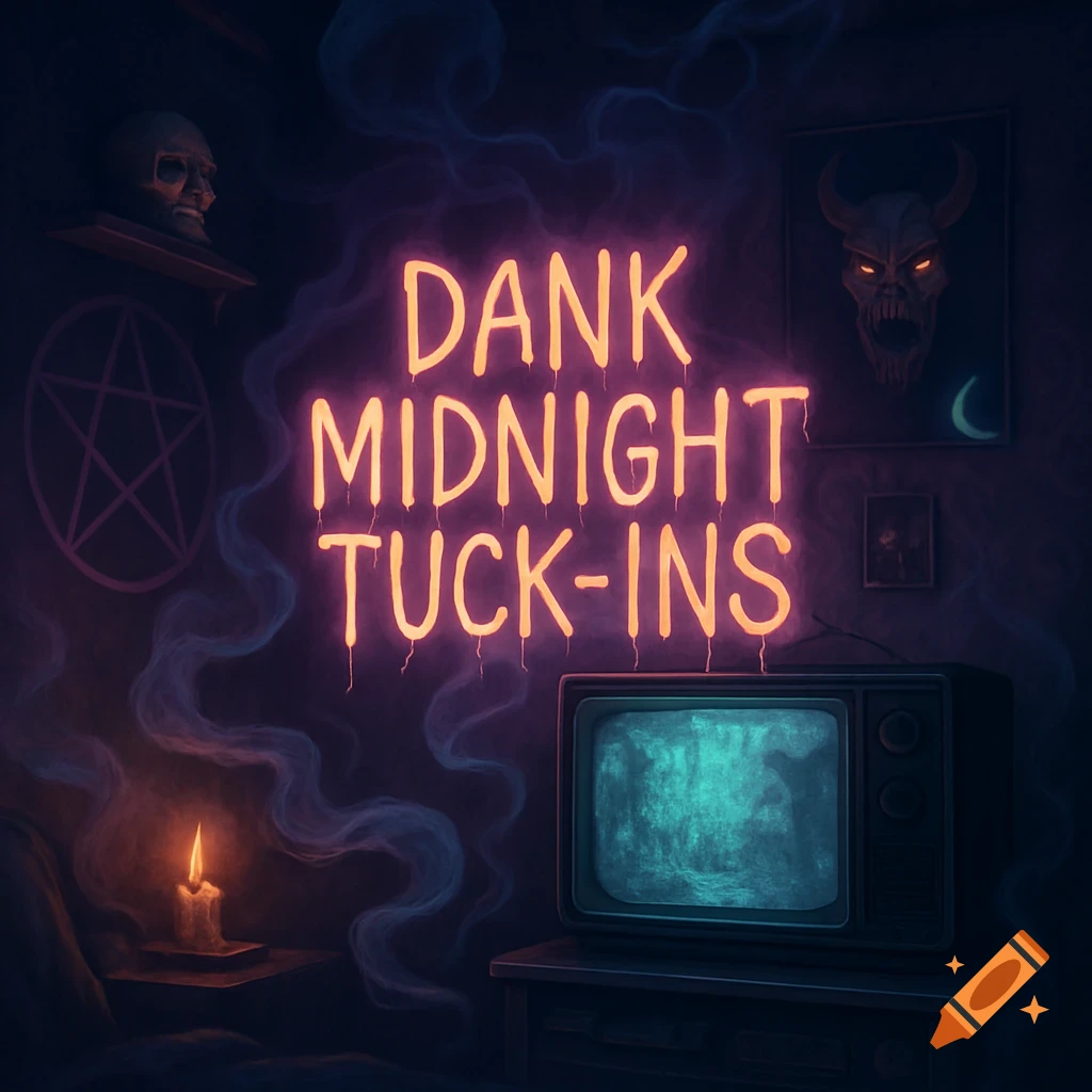 Dim, eerie room with "DANK MIDNIGHT TUCK-INS" neon sign, occult symbols, flickering TV, and a lit candle with smoke.