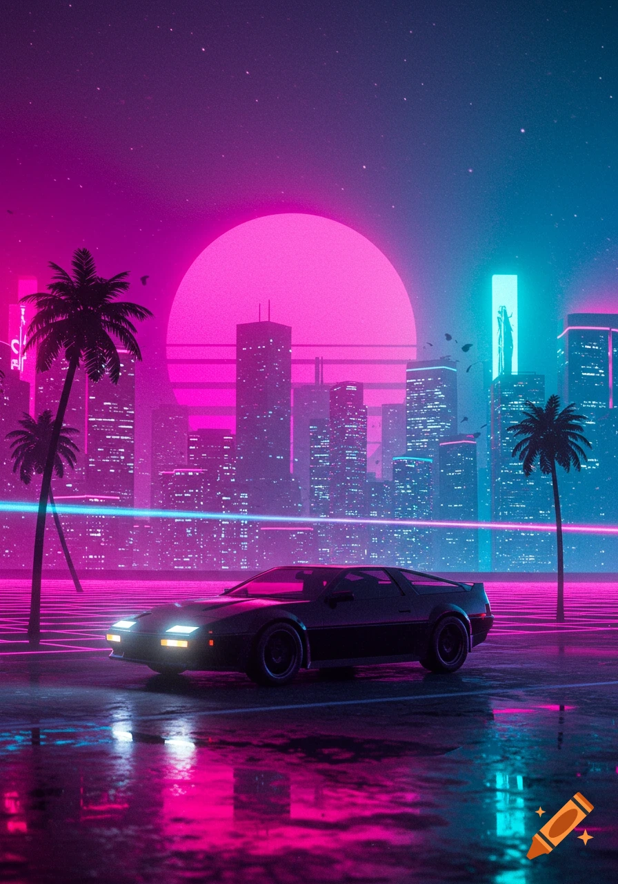 A black retro car on a wet road in a neon-lit synthwave cityscape with palm trees and a large pink sun.