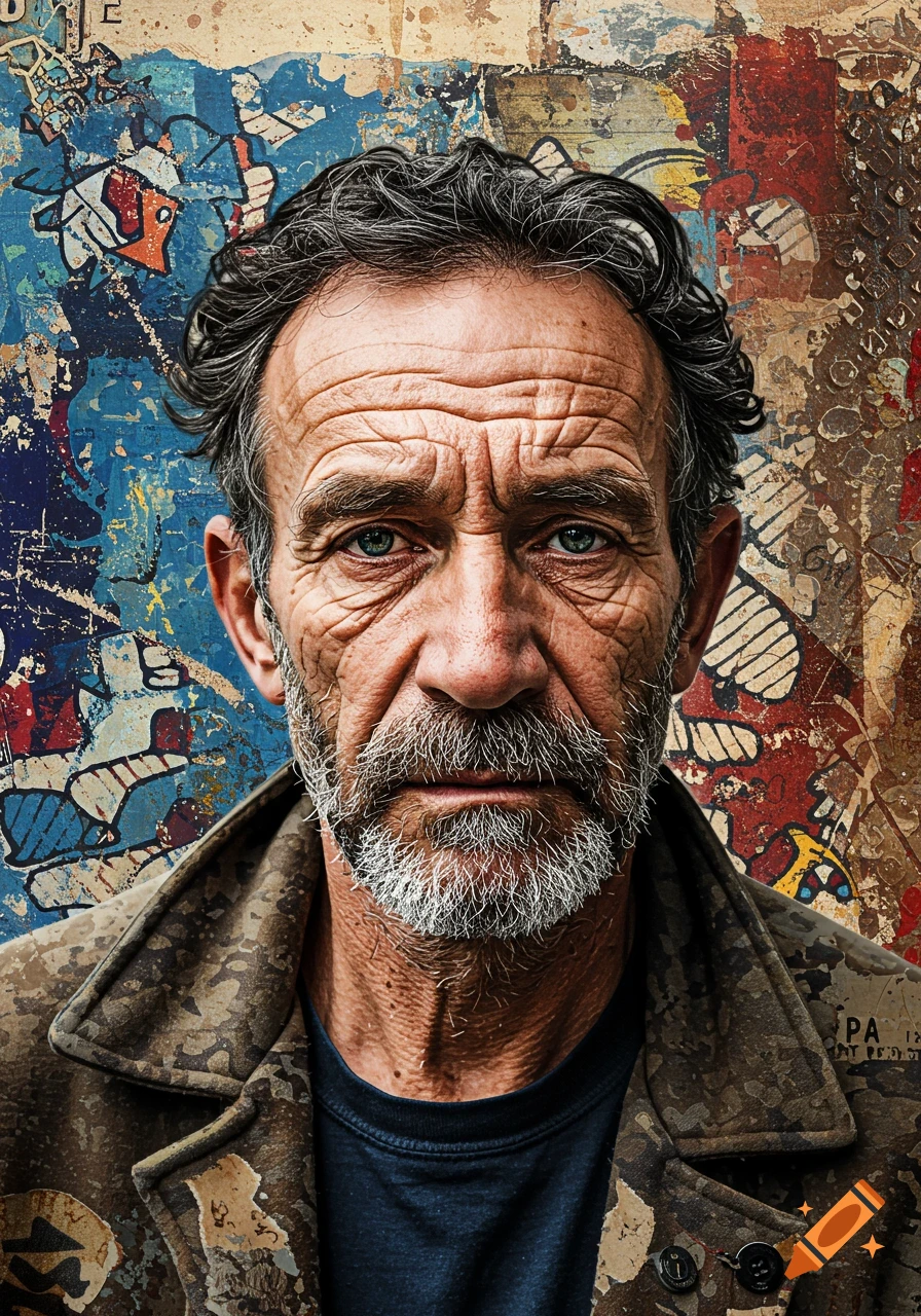 Close-up portrait of an older man with a graying beard, set against a textured, abstract, graffiti-style background.