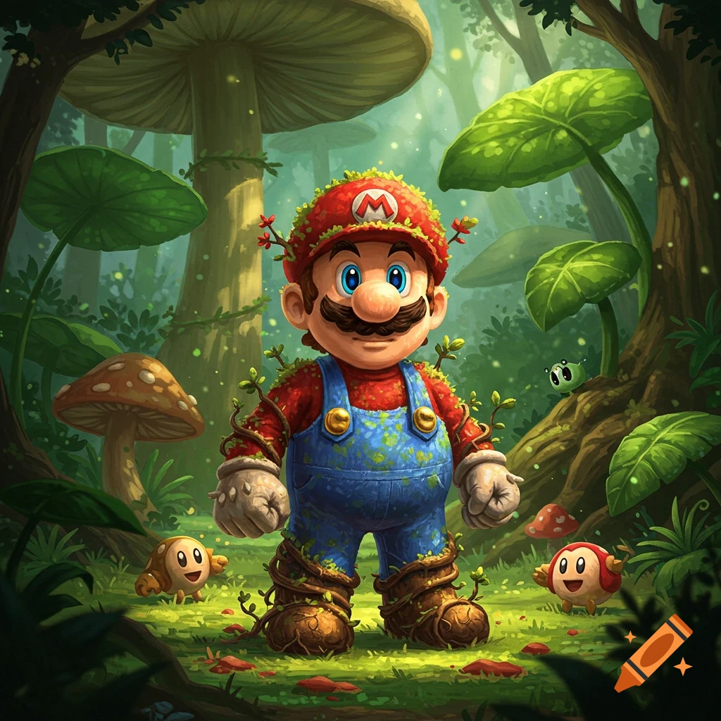 Mario covered in vines and leaves stands in a vibrant, lush magical forest with large mushrooms and small creatures.