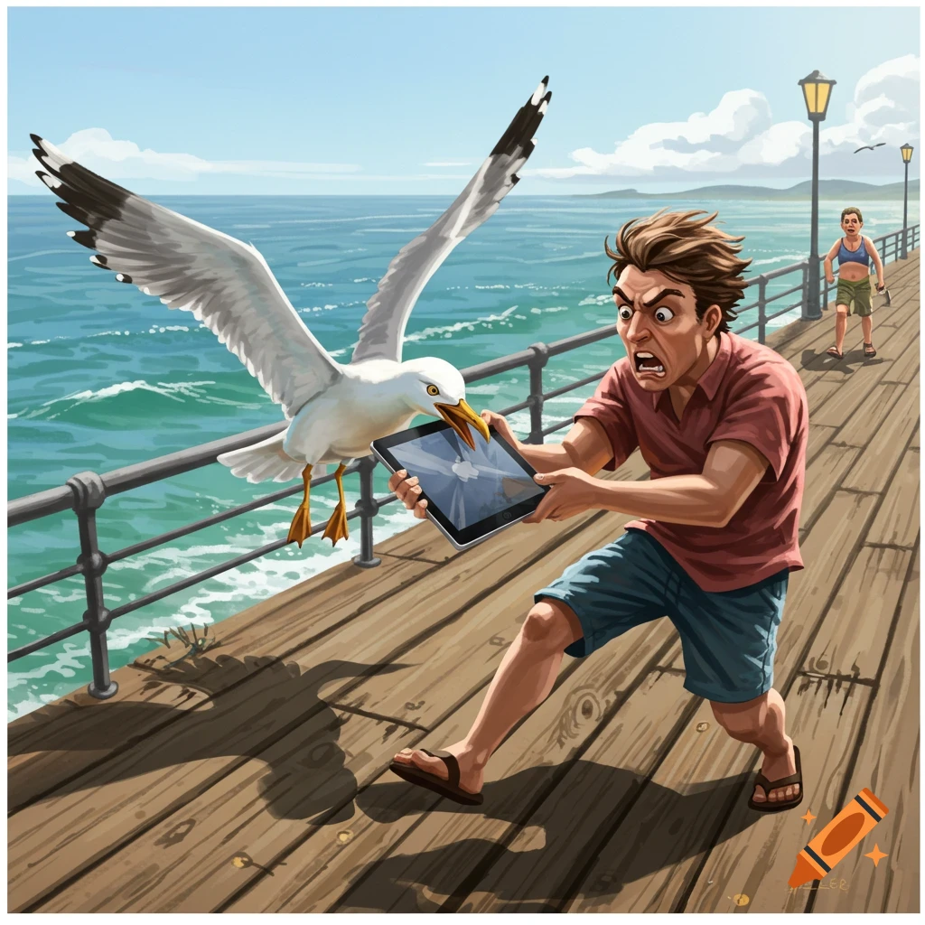 Cartoon of an angry man on a pier fighting a seagull attacking his iPad, with the ocean in the background.