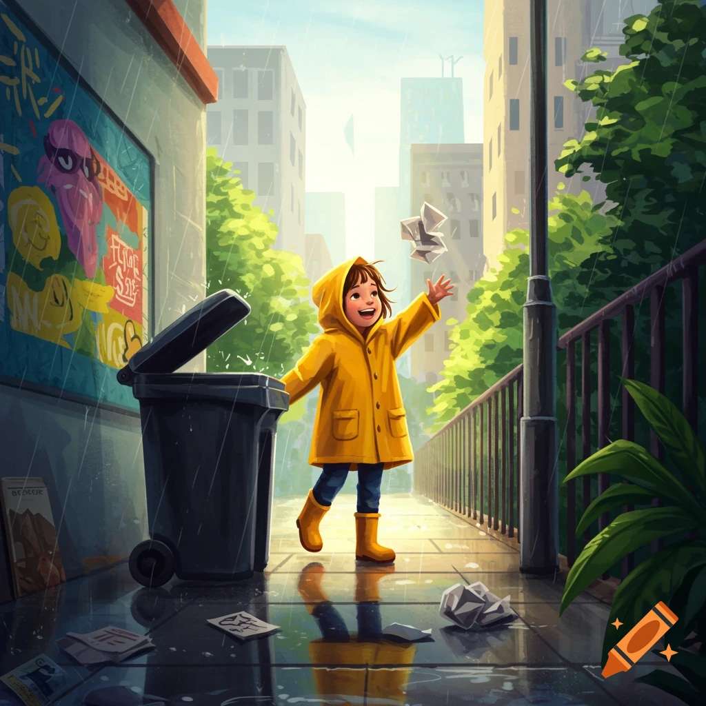 Happy child in a yellow raincoat joyfully throwing crumpled paper into a black trash can on a rainy city street, illustration style.