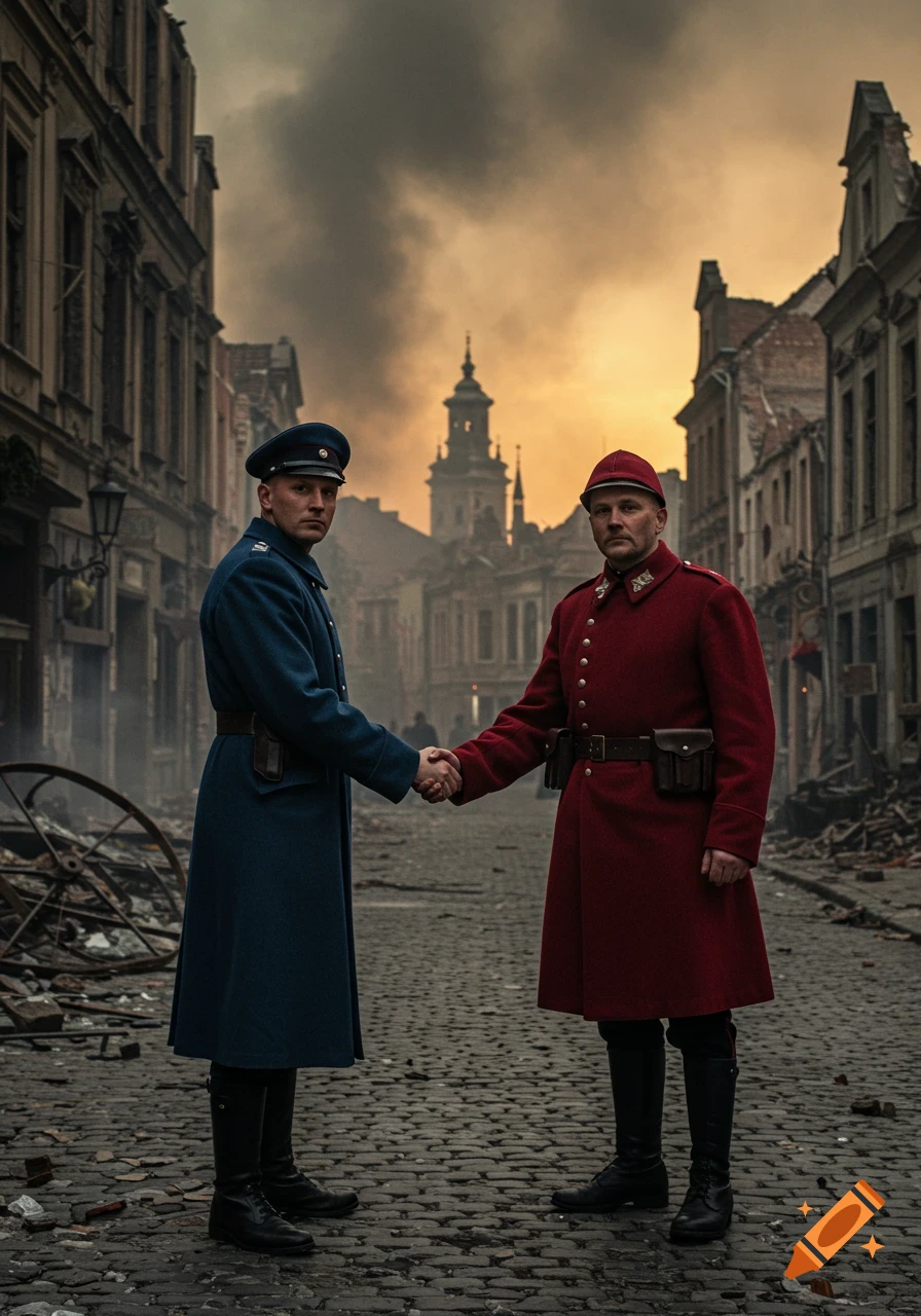 Two soldiers in blue and red uniforms shake hands in a destroyed European city under a smoky sky.