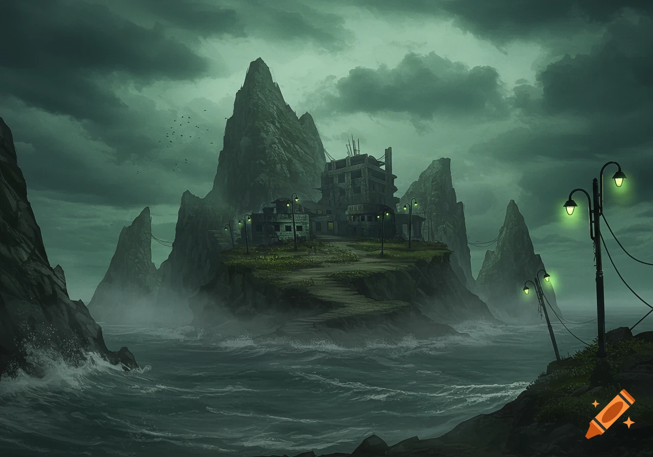 A dark, mysterious island with dilapidated buildings, surrounded by stormy seas and jagged mountains under a cloudy, green-tinged sky.