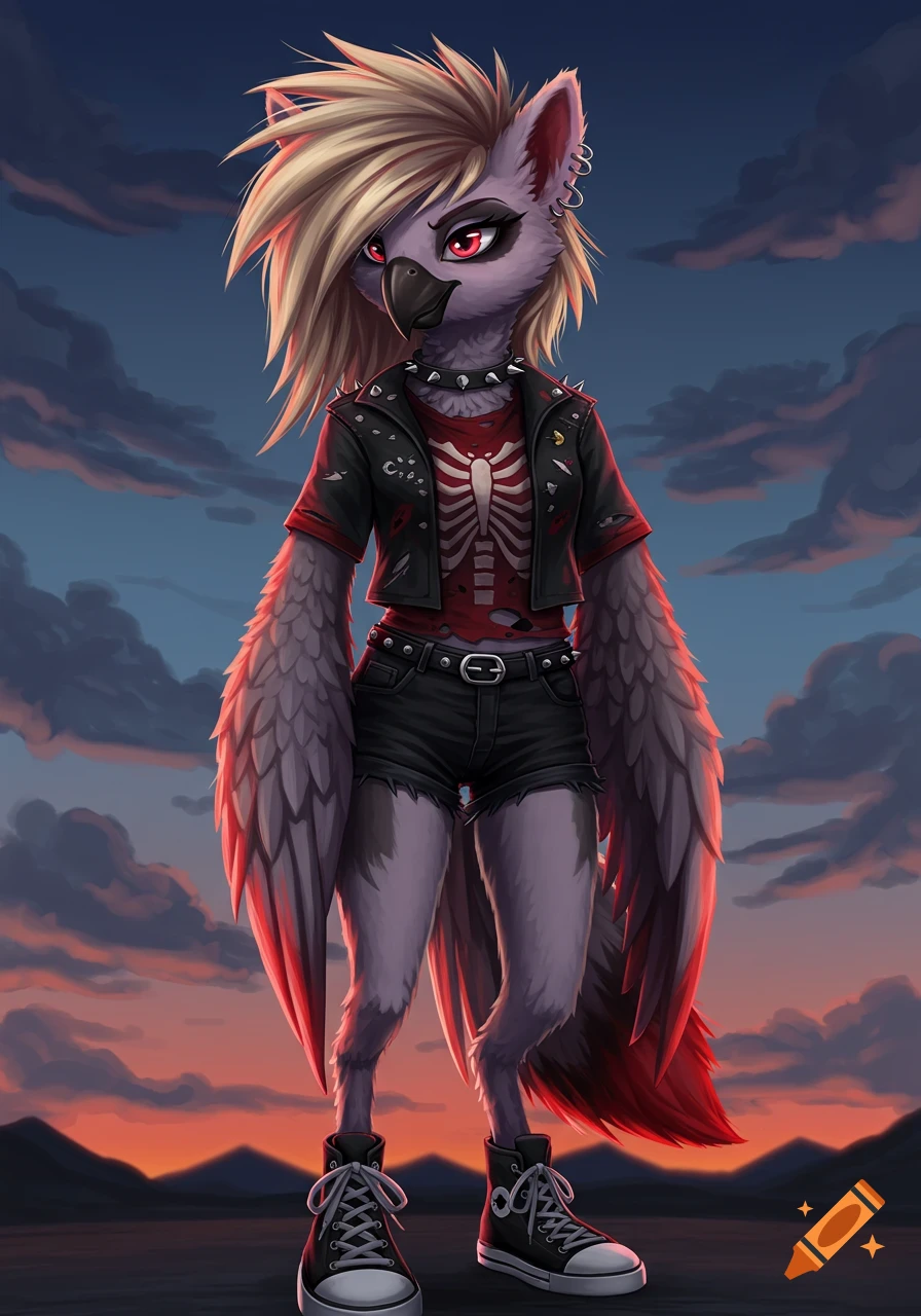 Singing male hyena anthro fursona, wearing rock band clothes