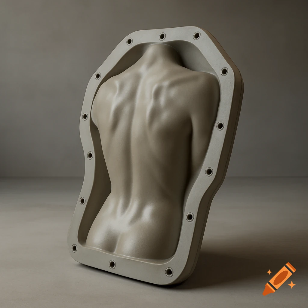 A photorealistic render of a beige human torso back mold, showing musculature detail, against a grey background.
