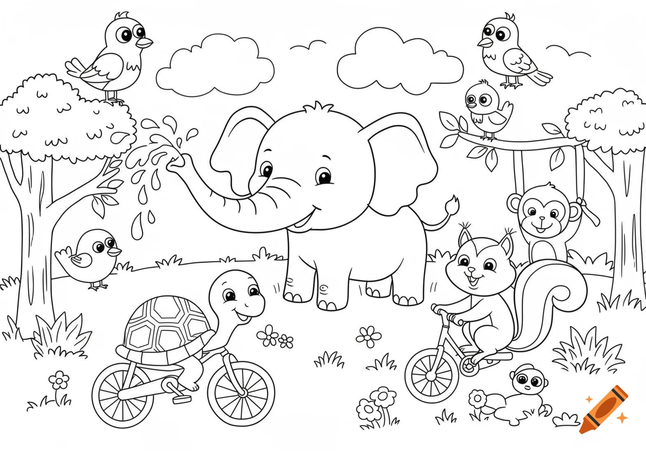 Black and white coloring page of a cute elephant spraying water, a turtle and squirrel riding bikes, birds, and a monkey in a forest.