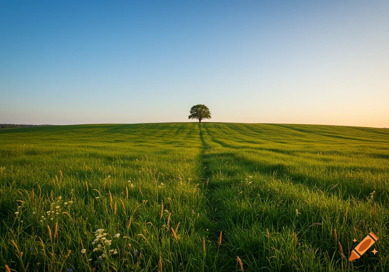 A solitary tree on a grassy hill casts a long shadow over vast green meadows under a clear blue sky at sunset.