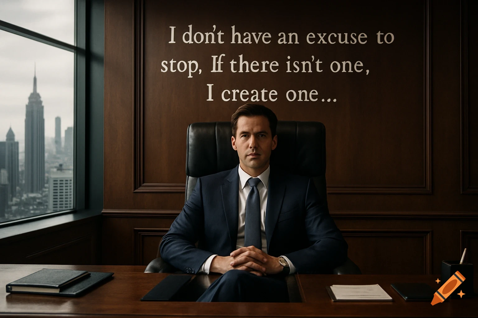 A man in a suit sits at an executive desk in a high-rise office with a city view. Text on the wall reads a motivational quote.