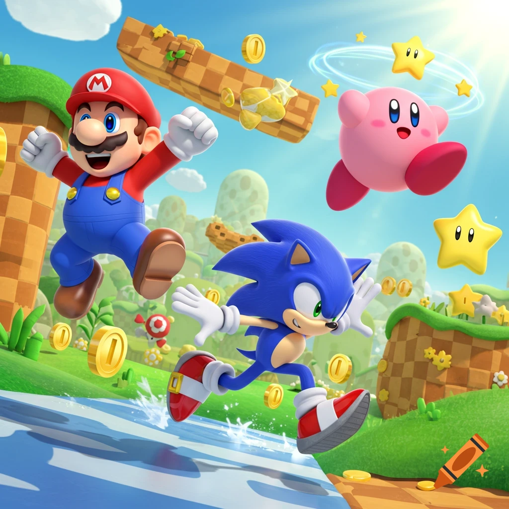 Mario, Sonic, and Kirby run and float across a bright, colorful cartoon landscape filled with coins and stars.