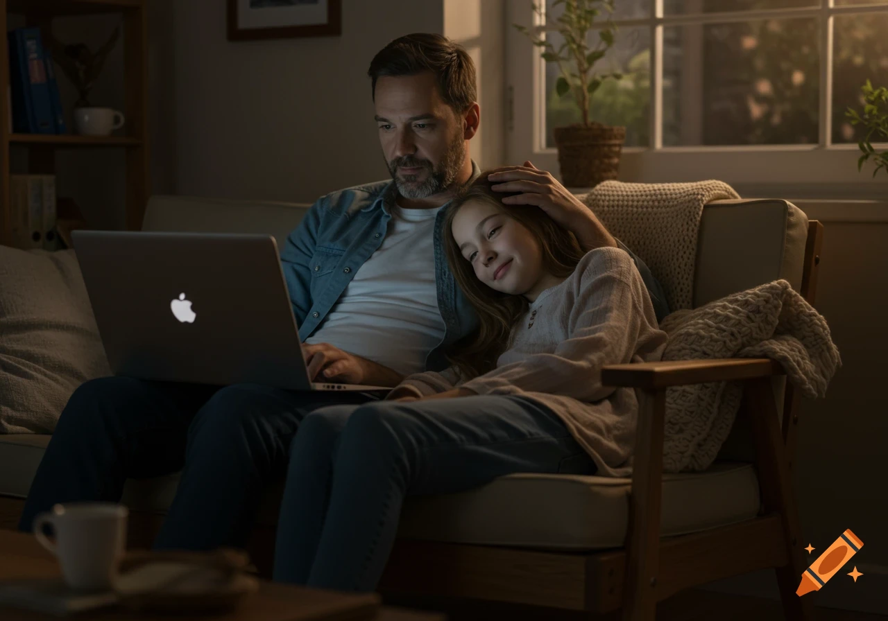 A man on a laptop sits with a girl resting her head on his lap, his hand on her hair, in a dimly lit room.