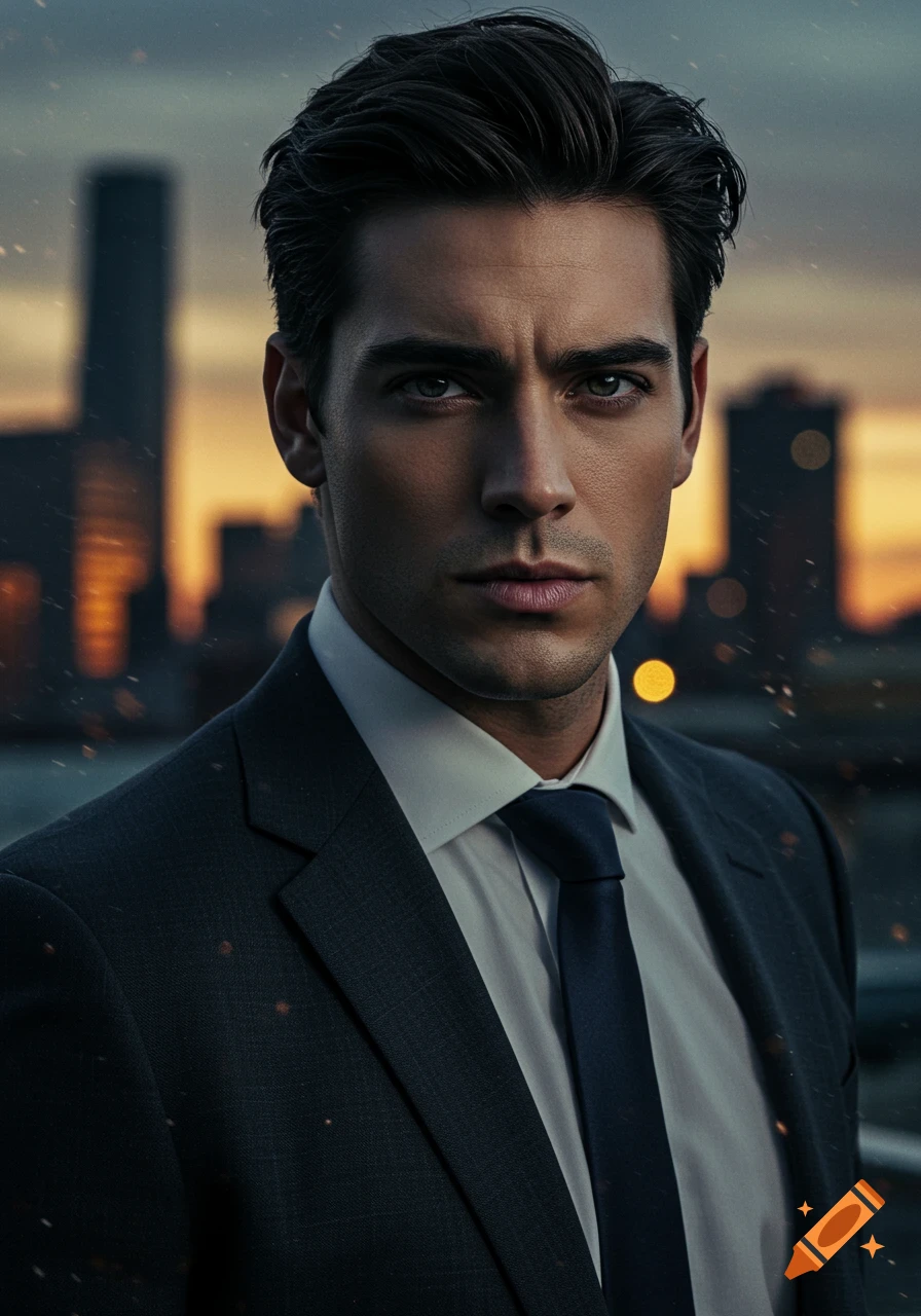 A handsome man in a dark suit and tie, looking intensely at the camera against a blurred city skyline at sunset.
