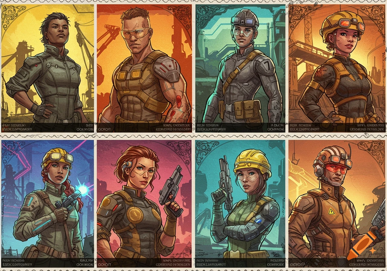 Eight comic-style portraits of diverse, rugged sci-fi construction workers, arranged like colorful postage stamps.