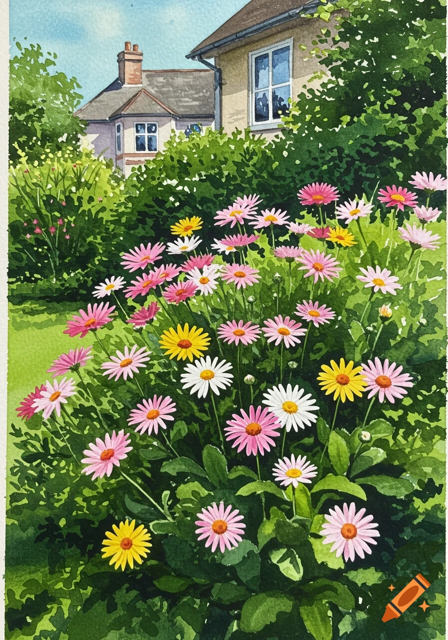A vibrant watercolor painting of a garden with pink, white, and yellow daisies in the foreground, with a house behind green bushes.