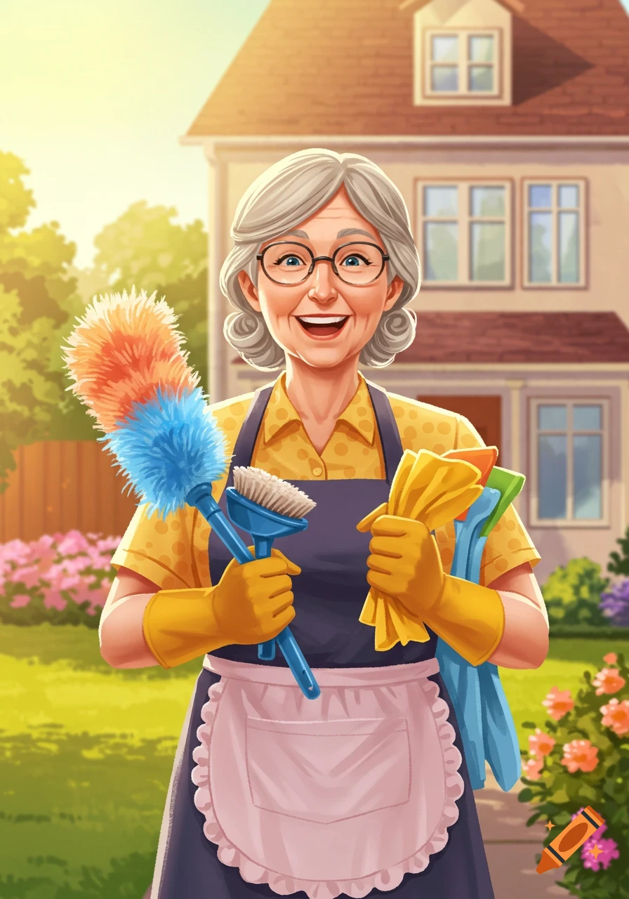 A cheerful elderly woman, in an apron and gloves, holds cleaning supplies in front of a house and garden on a sunny day, illustrated.