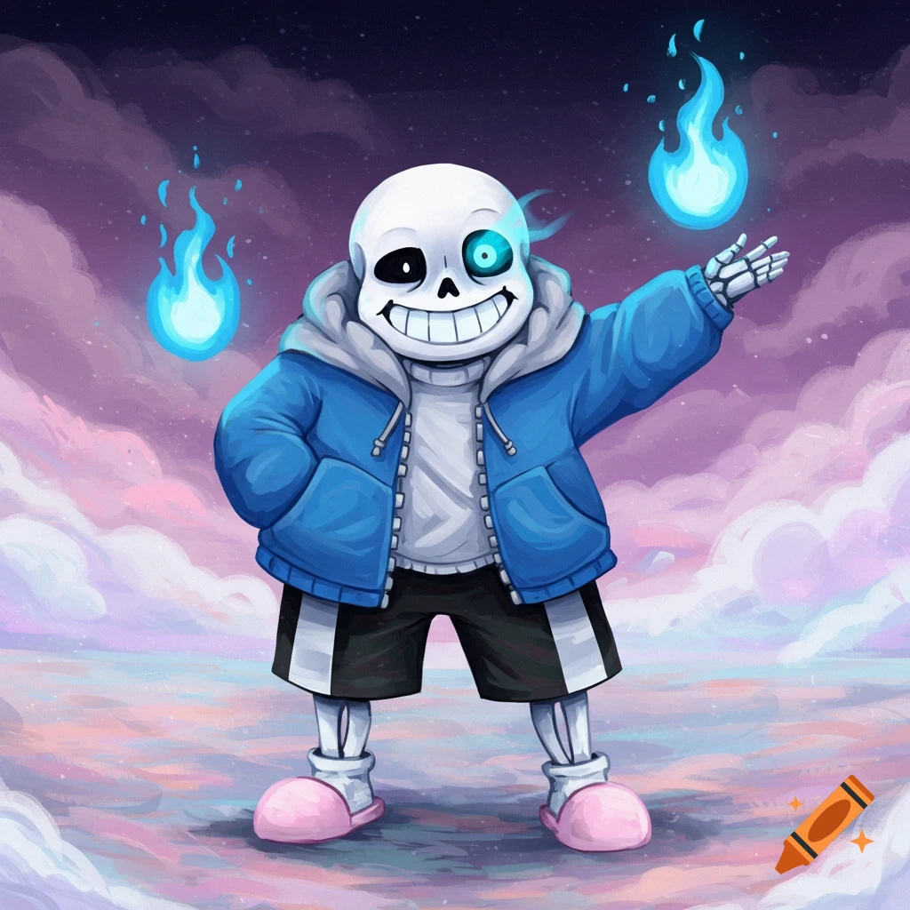 Sans, a skeleton in a blue hoodie and pink slippers, stands smiling with glowing blue flames in each hand against a purple and pink cloudy sky.