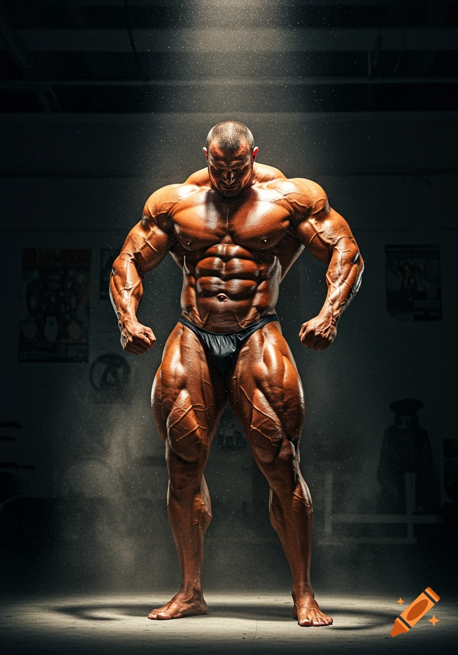 A heavily muscled bodybuilder poses under a dramatic spotlight in a dark room, wearing a black posing brief.