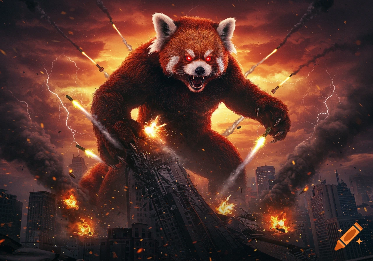 A giant, furious red panda kaiju with glowing red eyes attacks a city at sunset, surrounded by missiles and explosions.