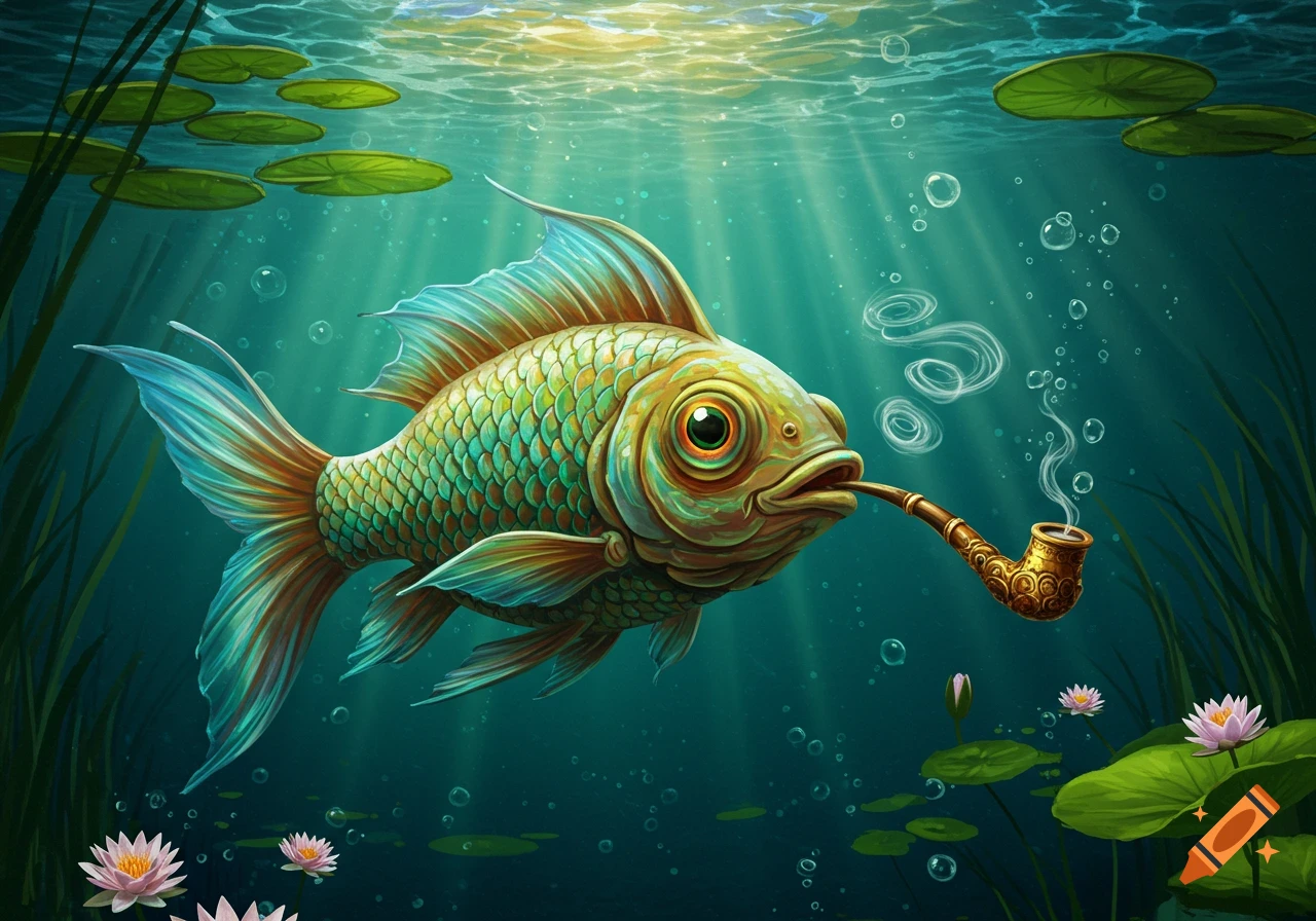 A vibrant, stylized fish with large eyes smokes a pipe underwater, surrounded by lily pads, water plants, and light rays from the surface.