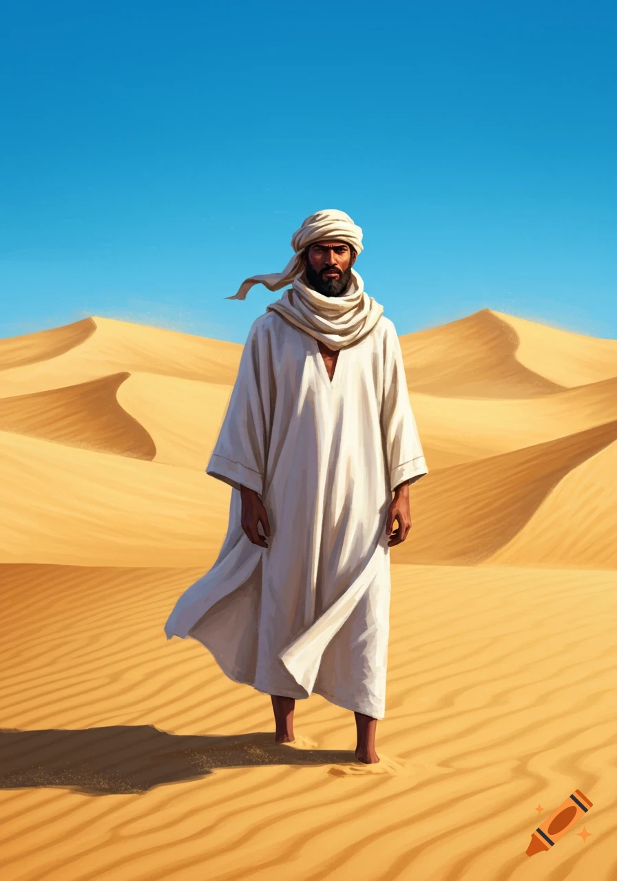 A man in a white robe and turban stands barefoot in a vast desert with sand dunes under a clear blue sky, illustrated.