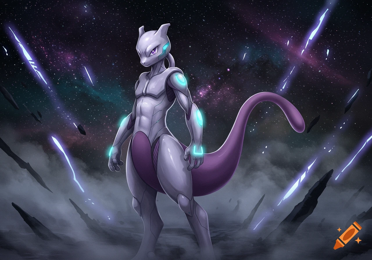 Mewtwo in a sleek, futuristic bodysuit stands in a cosmic, cloudy landscape with glowing energy and floating rocks.