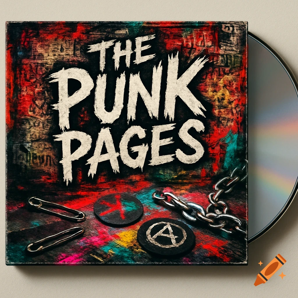 A grungy CD album cover titled 'The Punk Pages', featuring safety pins, a chain, and two circular pins, one with an anarchy symbol.