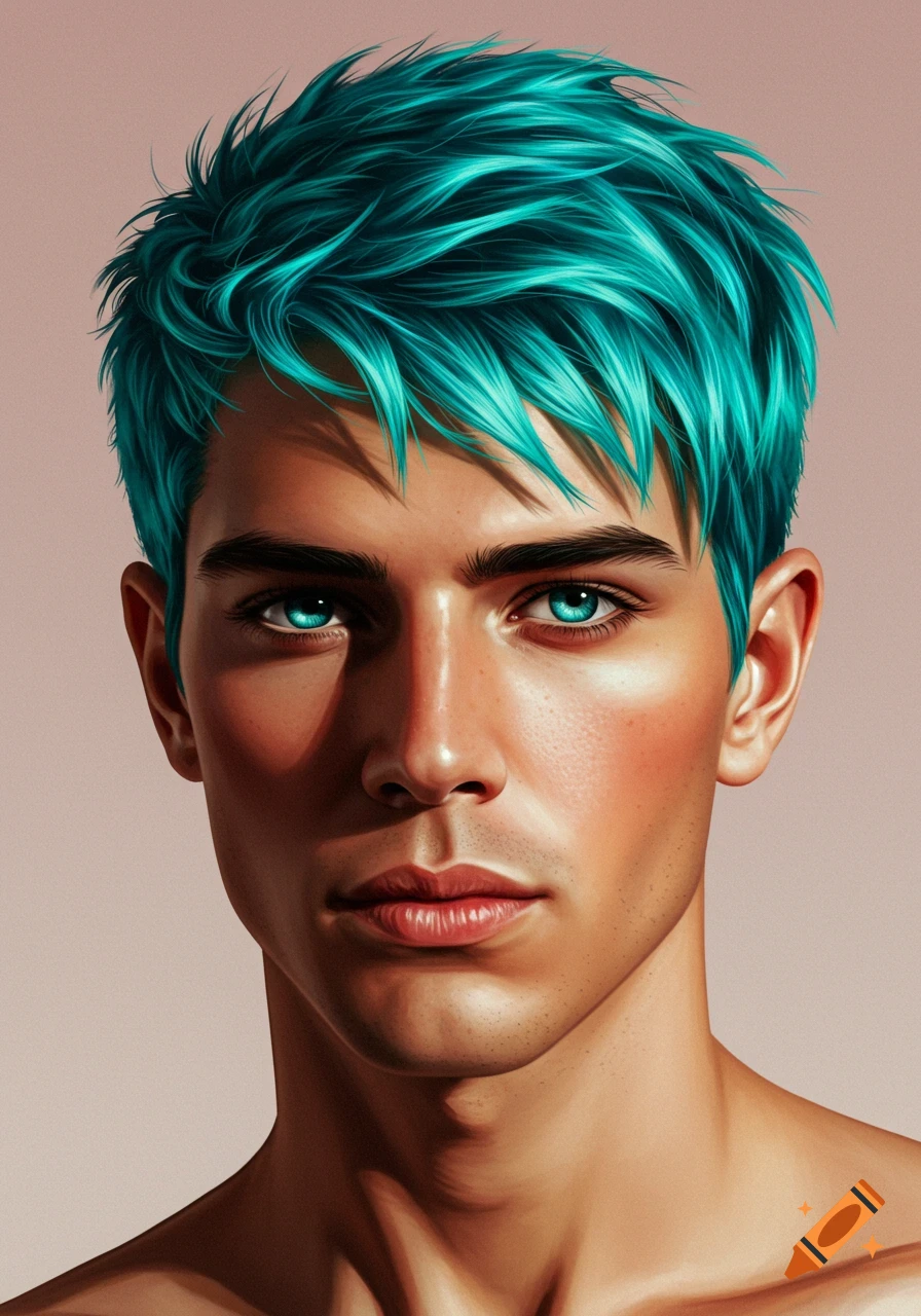 Headshot of a man with vibrant turquoise hair and blue eyes, against a plain background, digital art style.