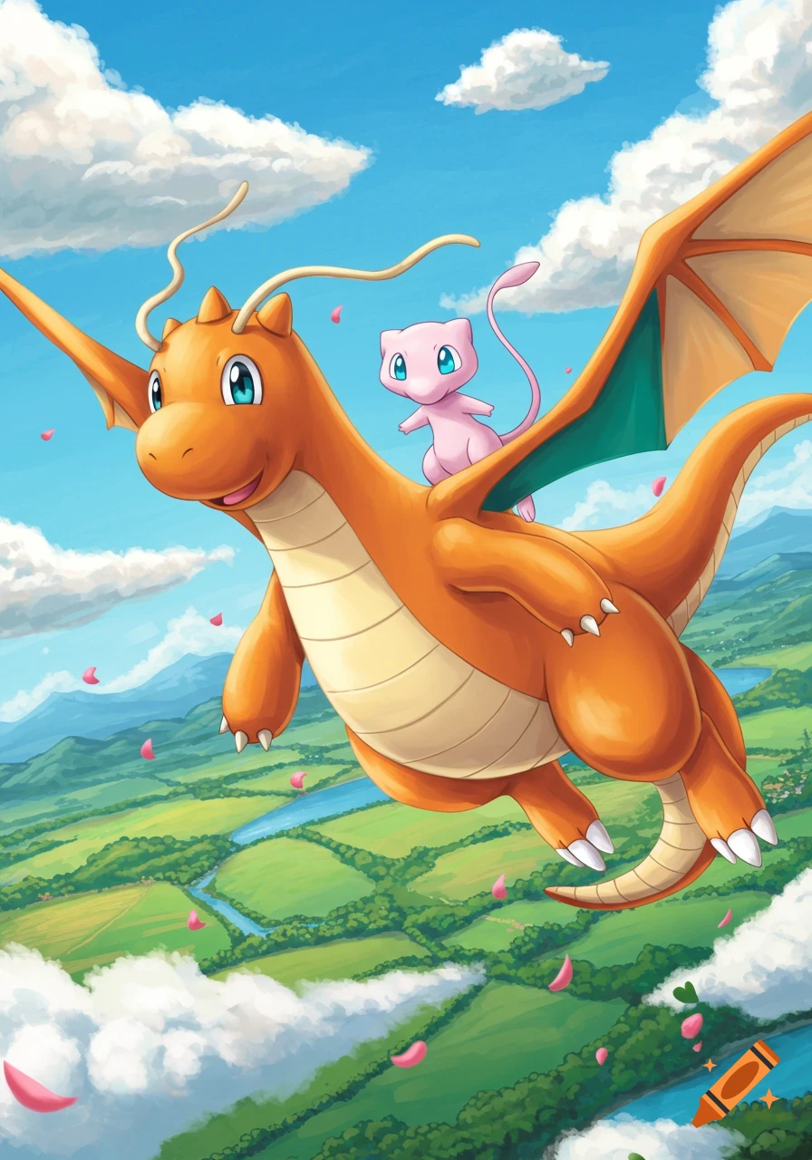 Friendly orange Dragonite flies through a blue sky with a pink Mew riding on its back, over a green landscape with scattered pink petals.
