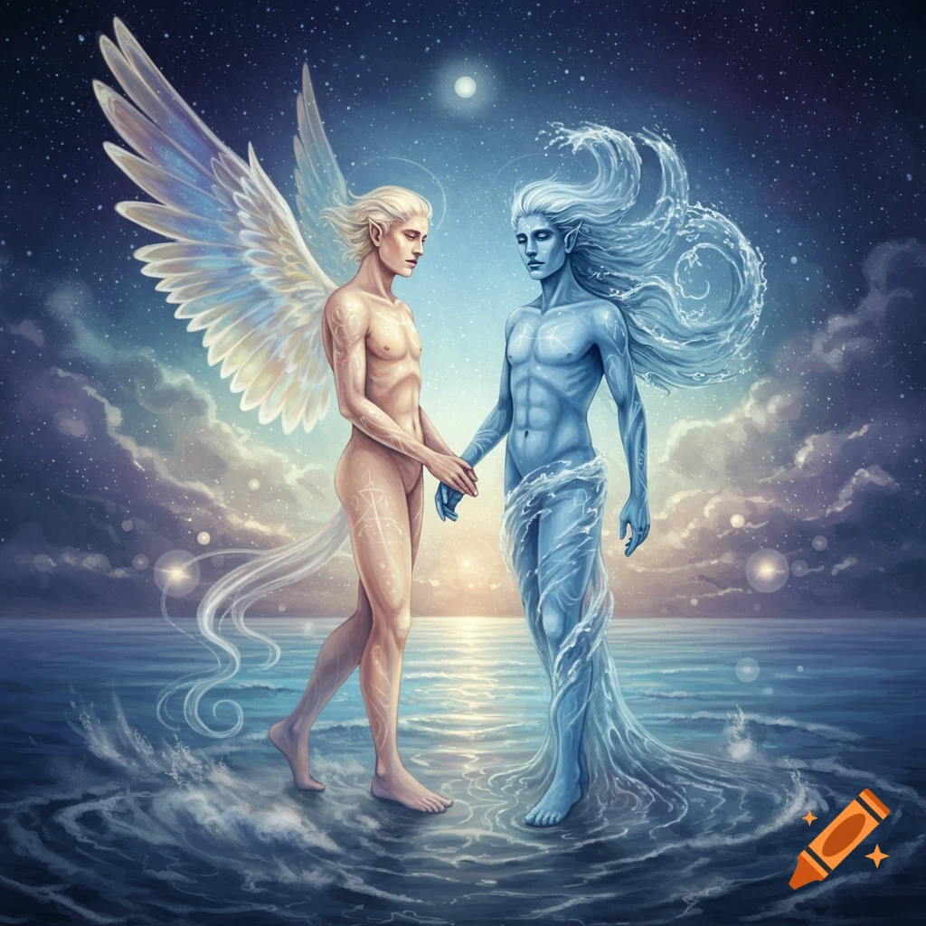 Fantasy art of an angelic, winged figure and a water-like figure holding hands in a moonlit ocean under a starry sky.
