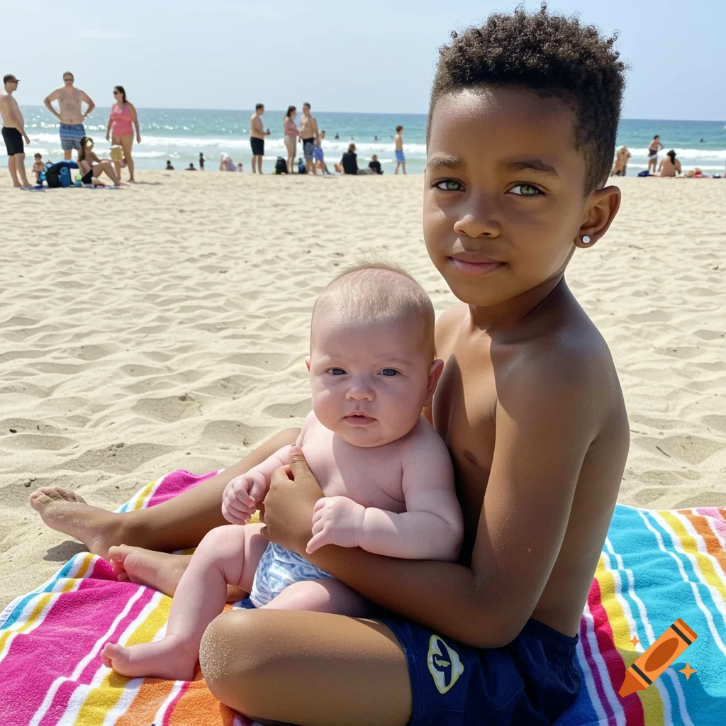 A dark-skinned boy with green eyes holds a baby on a striped beach towel at a sunny beach, with people in the background.