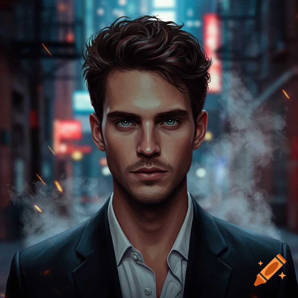 A close-up, stylized digital portrait of a man with dark brown hair and blue eyes, wearing a suit, against a blurred city street at night with smoke and sparks.