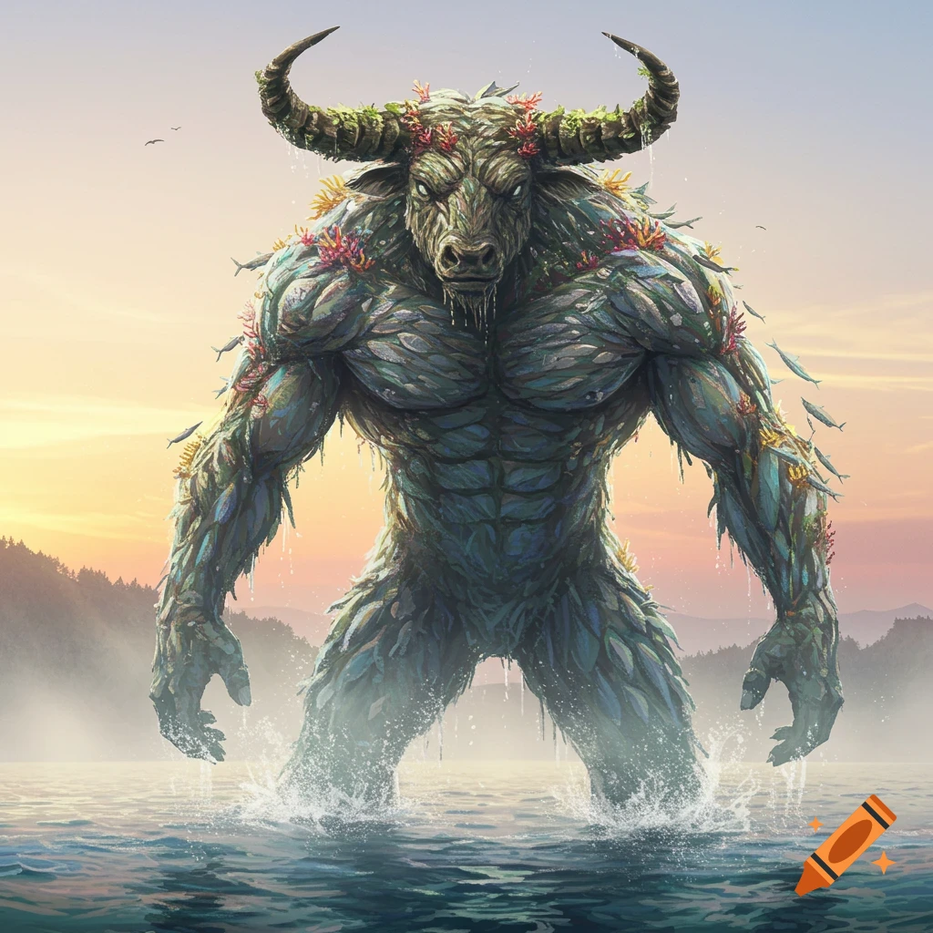 A muscular, horned creature resembling a minotaur, made of green leaves, coral, and small fish, stands in water at sunrise.
