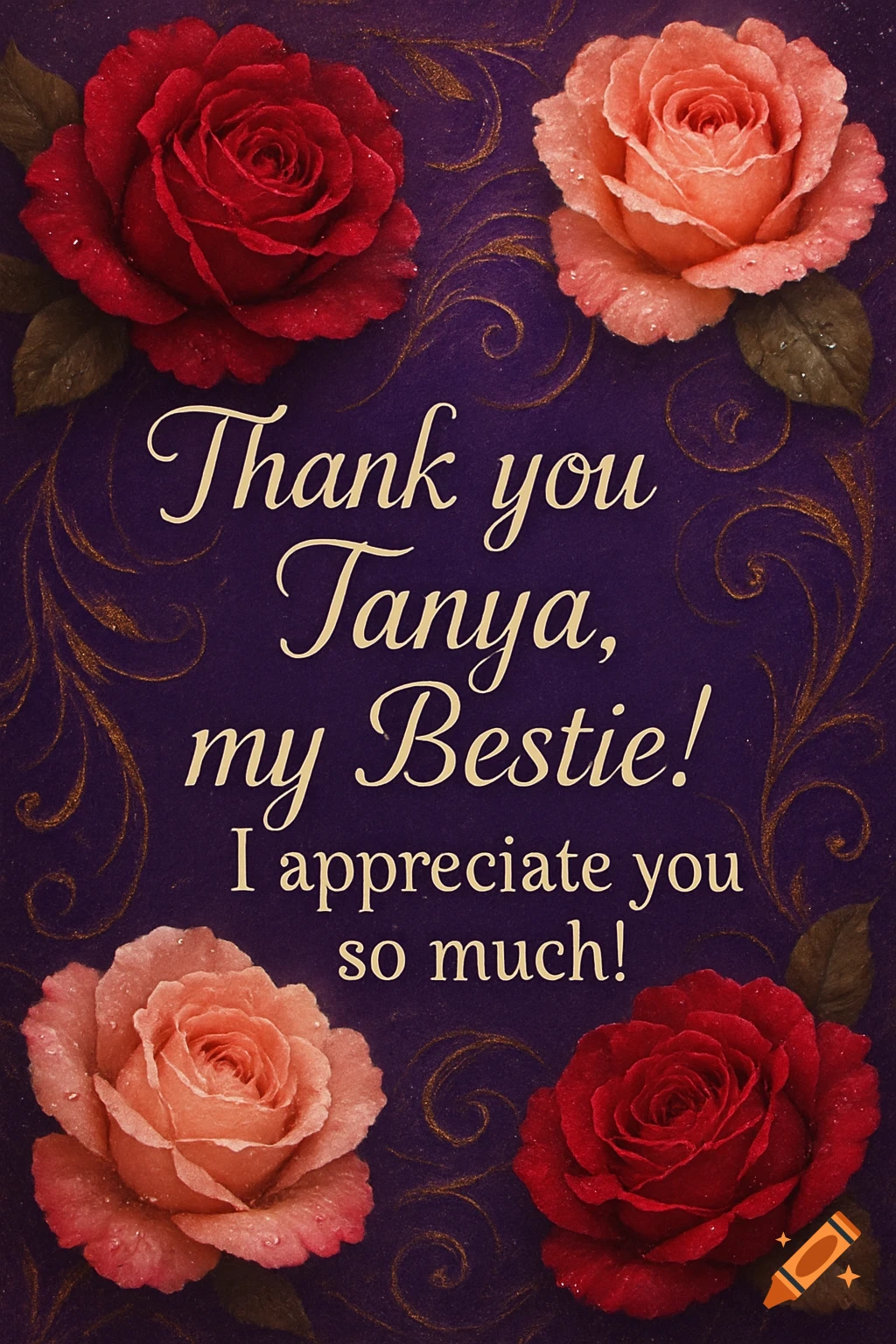 A purple greeting card with red and peach roses, golden flourishes, and white text: 'Thank you Tanya, my Bestie! I appreciate you so much!'