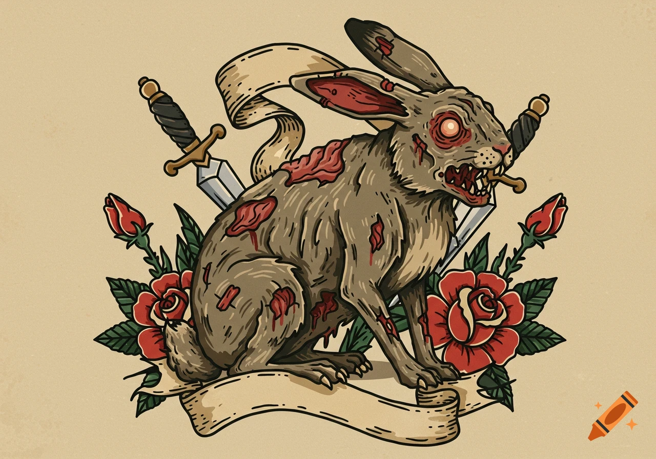 A gruesome zombie rabbit with exposed flesh and a sword in its mouth, flanked by roses and swords, in American traditional tattoo style.