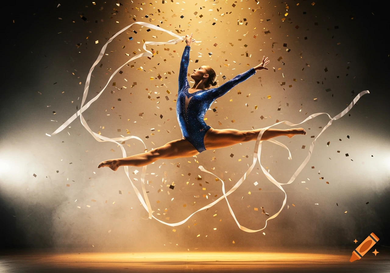 A female gymnast in a blue leotard leaps in a split, surrounded by white ribbons and golden confetti under spotlights.