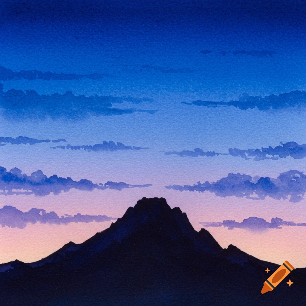 Watercolor painting of a mountain silhouette against a vibrant blue and violet sunset sky with clouds.