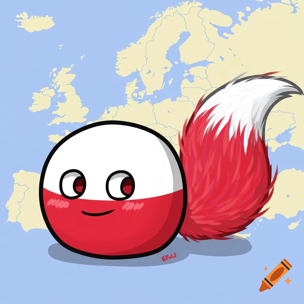 A cute cartoon Polandball character with a fluffy red and white tail stands in front of a map of Europe.