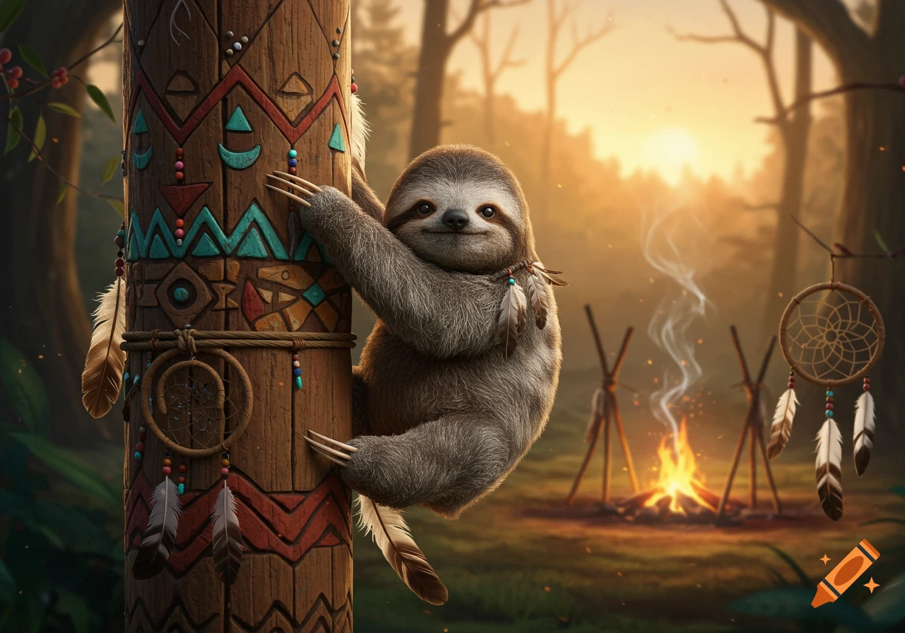 A cute sloth clings to a colorful, carved totem pole in a forest at sunset, with a campfire and dreamcatchers in the background.