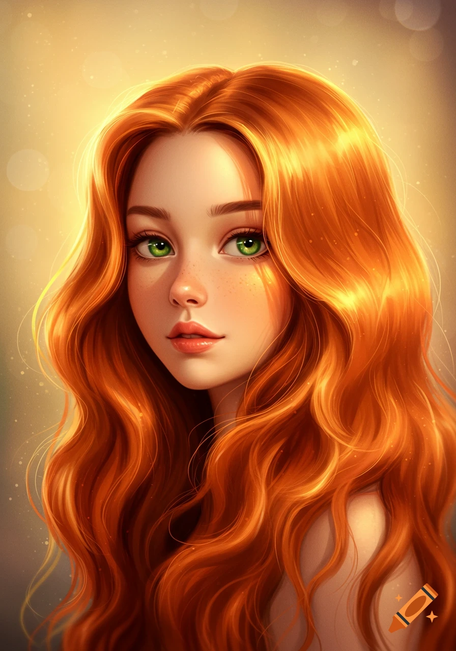 Stylized digital painting of a girl with long wavy red hair and bright green eyes, set against a warm, glowing background.