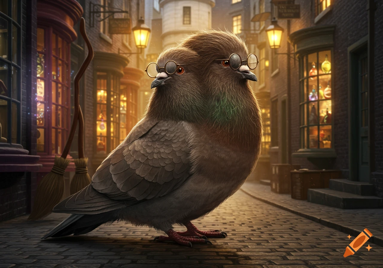 A whimsical two-headed pigeon with small round glasses stands on a cobblestone street in a magical alley lined with glowing shop windows and brooms.