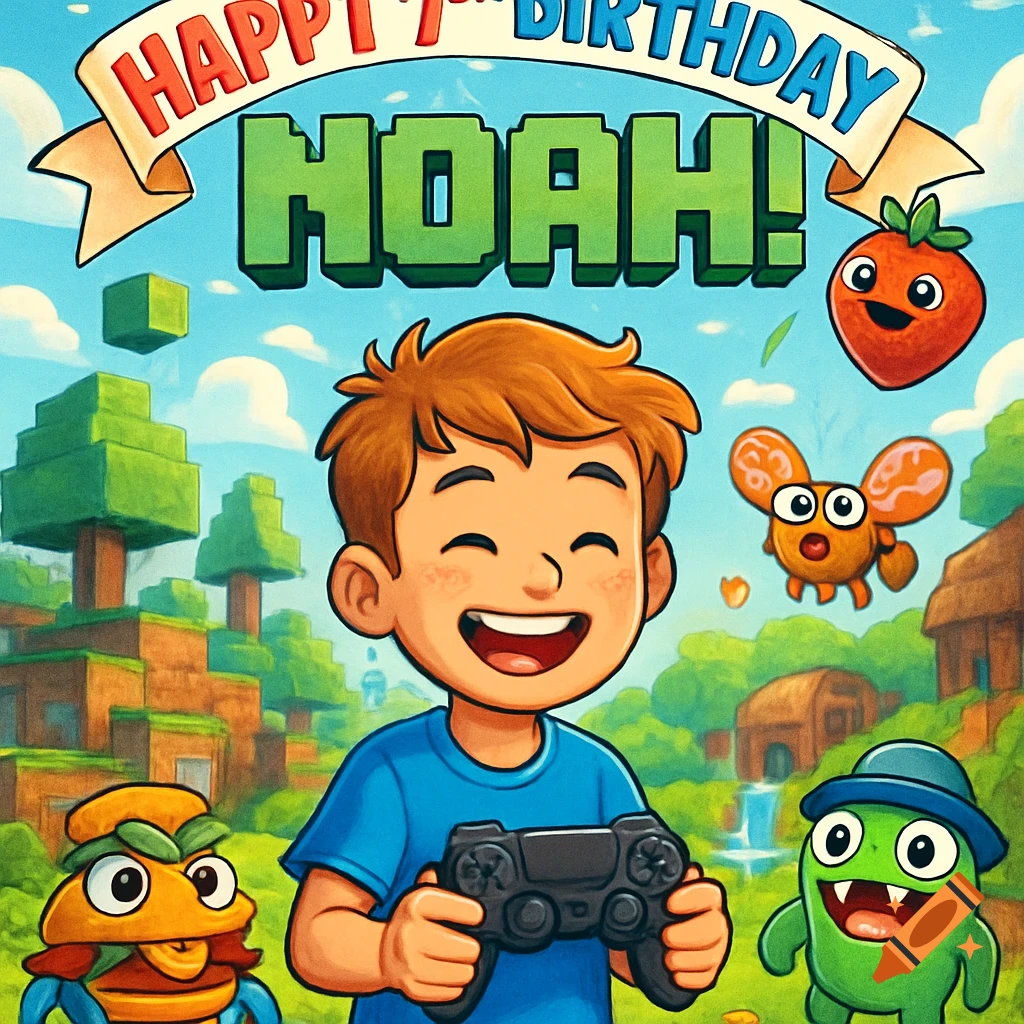 A happy cartoon boy holding a game controller in a Minecraft-like world with cartoon creatures, with 'HAPPY 7th BIRTHDAY NOAH!' banner.
