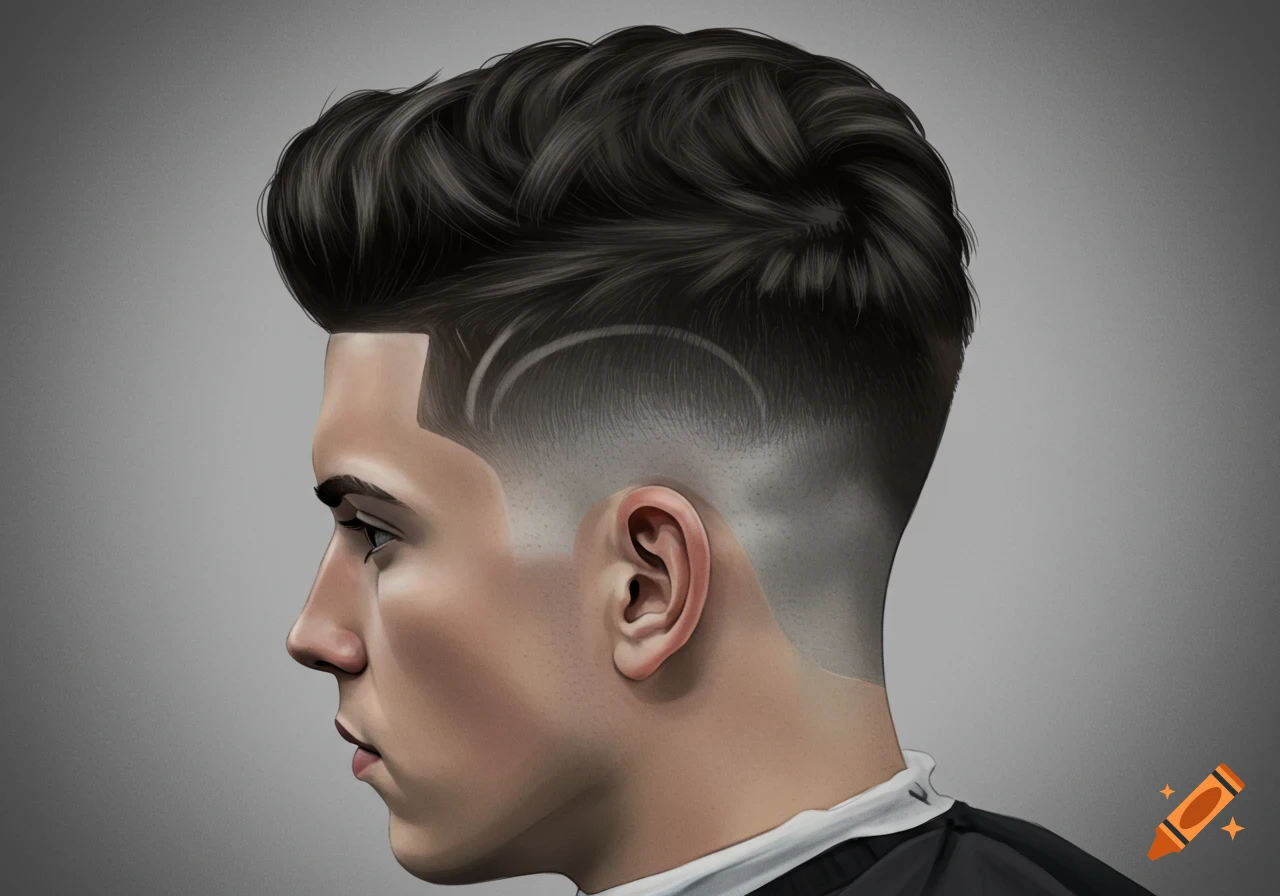 Side profile illustration of a man with a dark, wavy pompadour and a low fade haircut with a design.