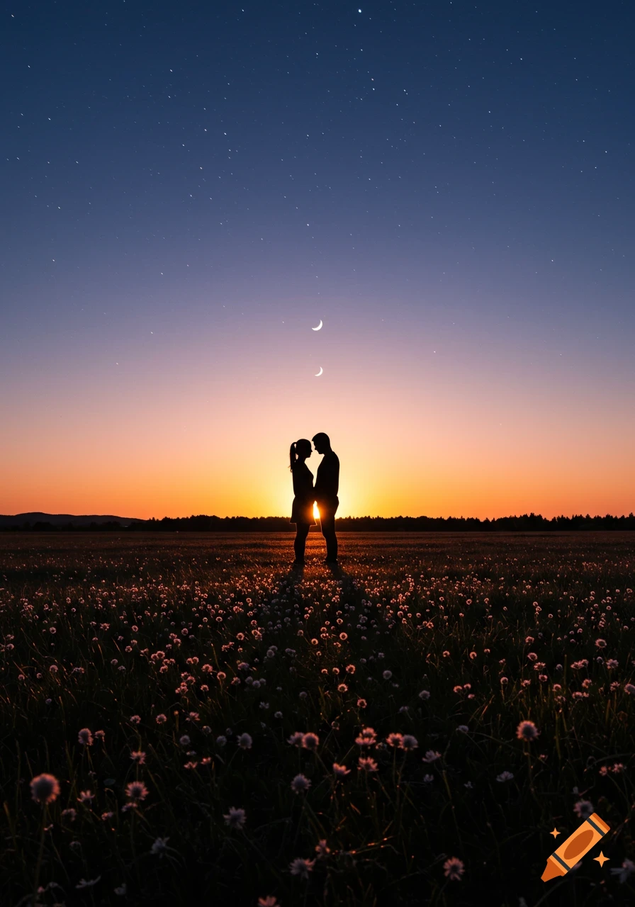 Photorealistic silhouette of a couple embracing in a field of wildflowers at sunset under a starry sky with two crescent moons.