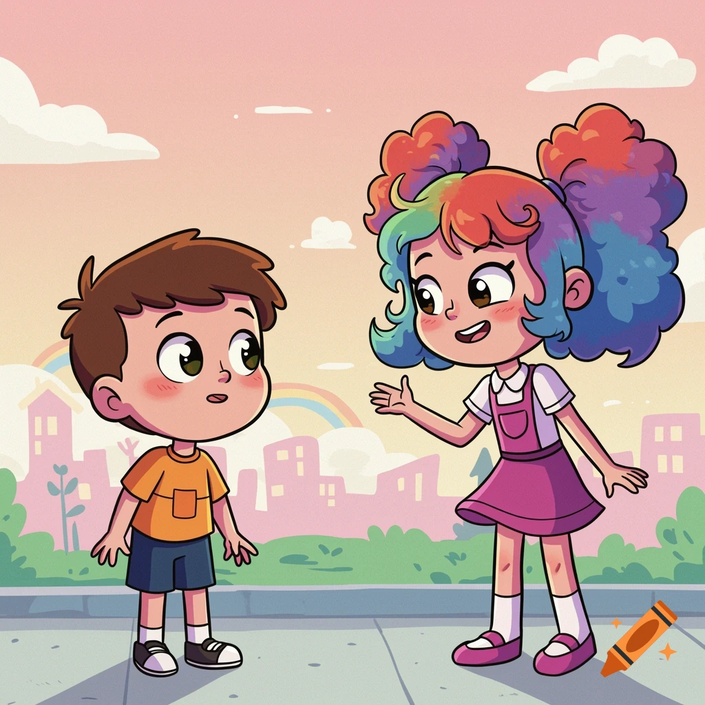 A cartoon boy listens to a girl with rainbow hair talking to him in a cityscape with a rainbow.