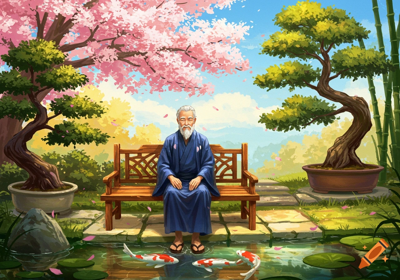 An old man in a blue kimono sits in a vibrant Japanese garden with cherry blossoms, bonsai, and koi fish. Illustrated.