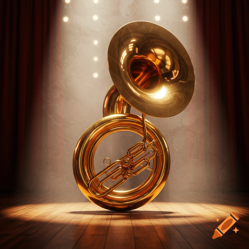A gleaming golden sousaphone stands under a dramatic spotlight on a wooden stage with red curtains in the background.